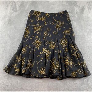 Lauren Ralph Lauren Black Gold Floral Godet Midi Skirt Size M Side Zip Lined